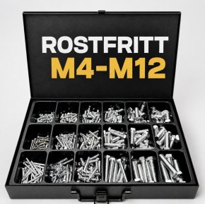 Rostfri, rostfritt, A2, A4, M6S, skruv, sexkantskruv, sortiment, plåtlåda, plåtväska