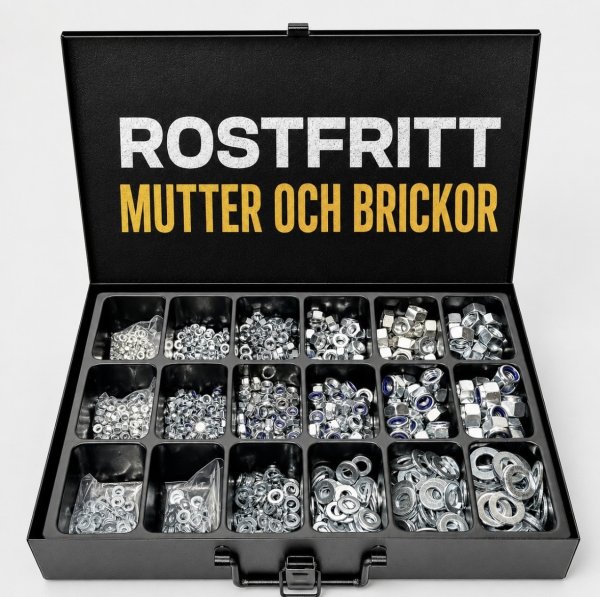 Zoom bild av sortiment, mutter, brickor, väska, plåt, A2, A4, rostfritt, m4-m12